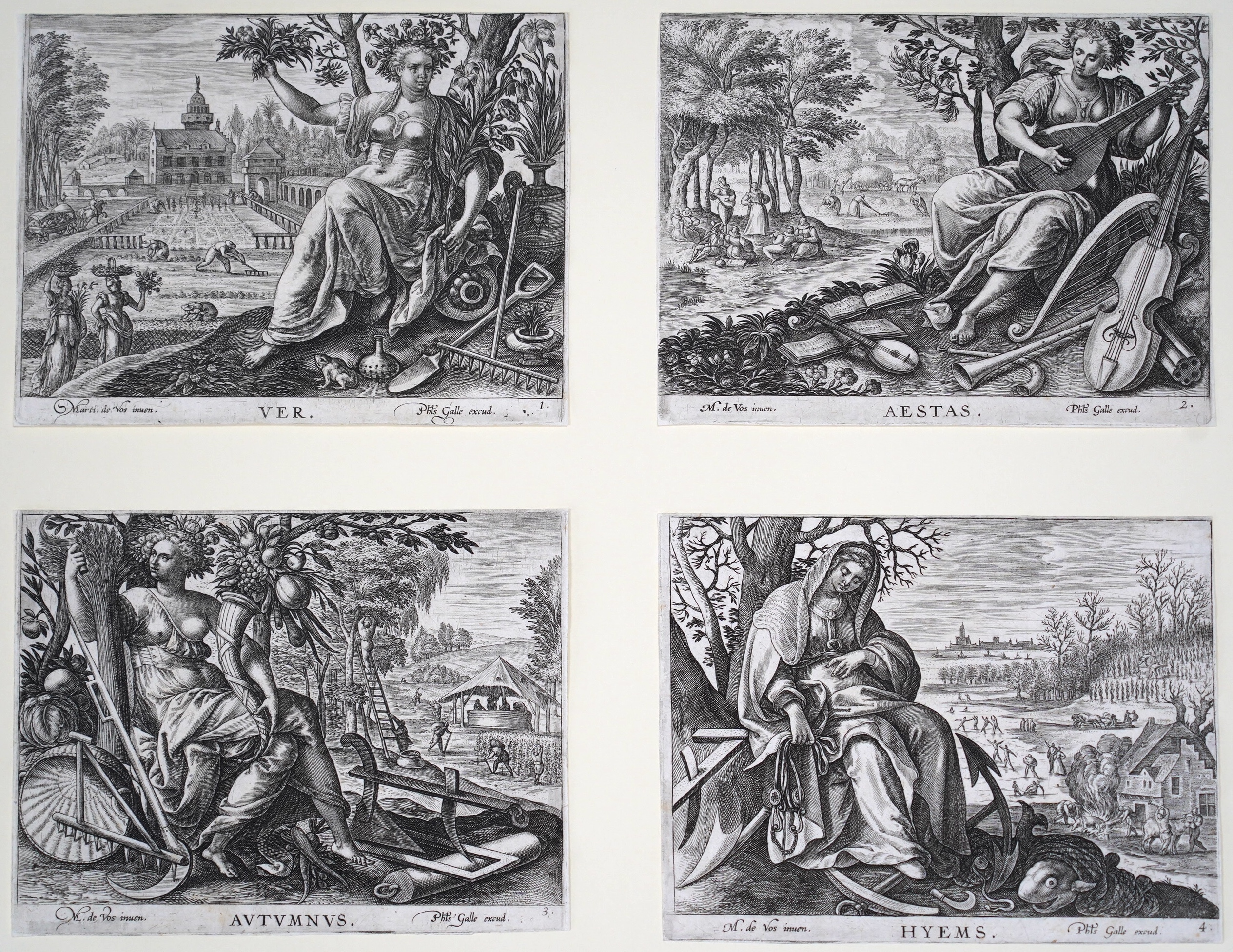 Maerten de Vos (Dutch, 1532-1603, The Four Seasons, set of four engravings c.1590, 9.6 x 13.2cm